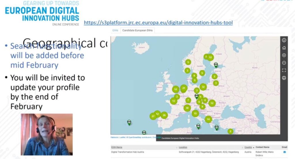 Captura de pantalla de la conferencia EDIH2021 donde se ve a Anne-Marie Sassen y el mapa de Europa con la localización de los DIHs seleccionados.